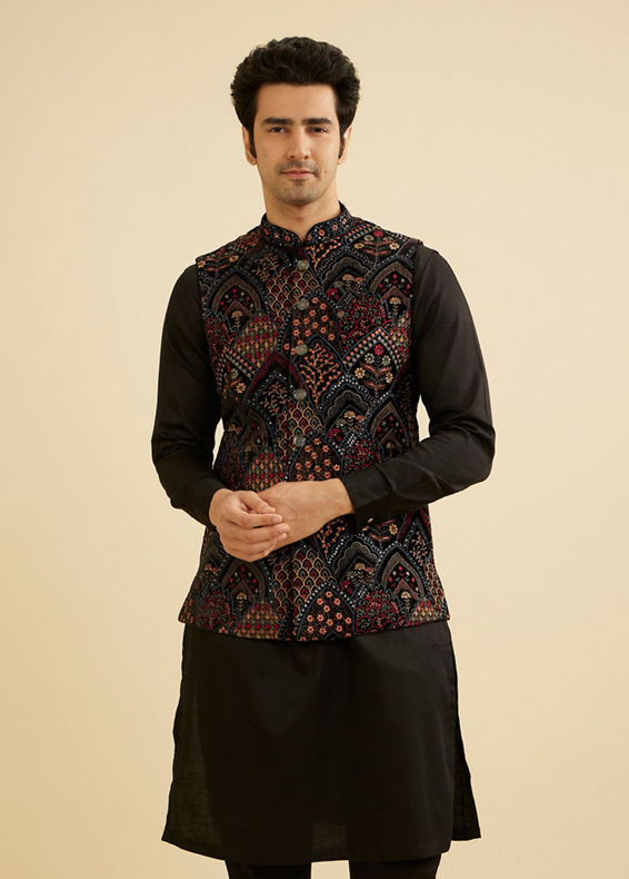 Manyavar Men Black Fern Motifs in Fish Scale Pattern Nehru Jacket