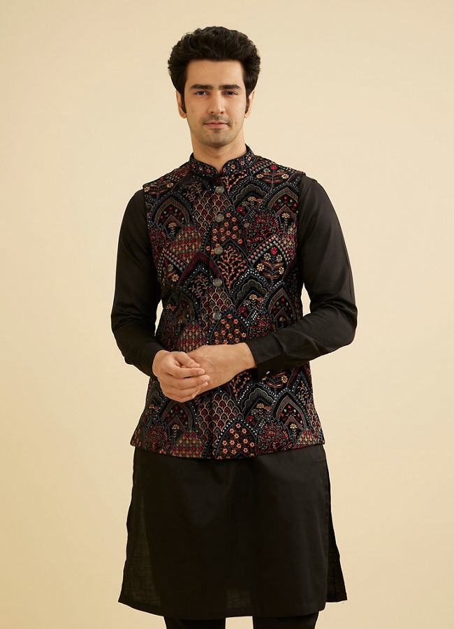 Manyavar Men Black Fern Motifs in Fish Scale Pattern Nehru Jacket image number 0