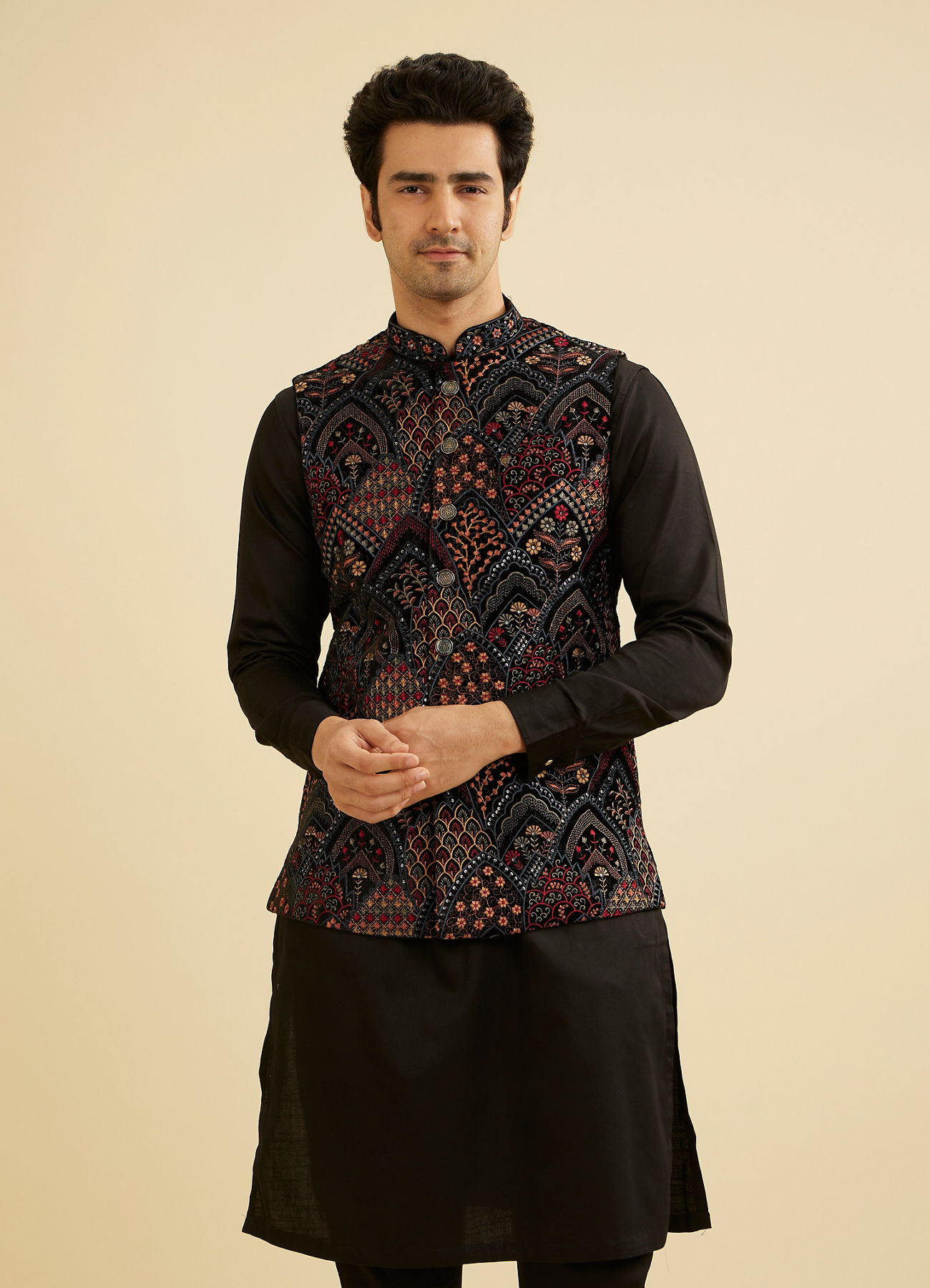 Manyavar Men Black Fern Motifs in Fish Scale Pattern Nehru Jacket