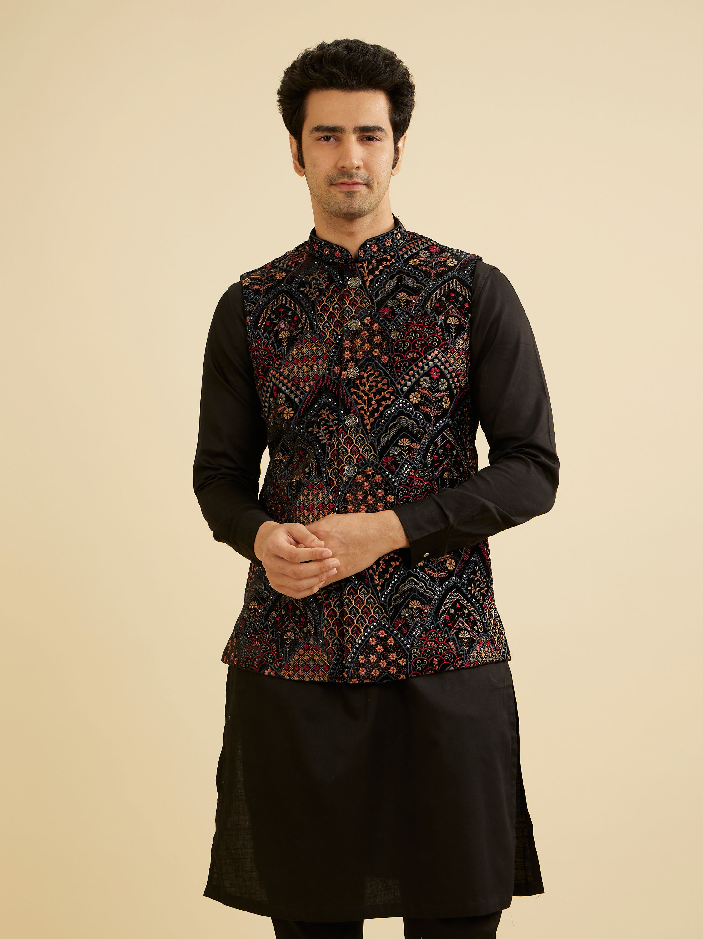 Manyavar Men Black Fern Motifs in Fish Scale Pattern Nehru Jacket