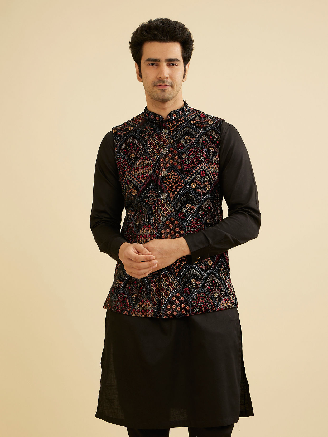 Manyavar Men Black Fern Motifs in Fish Scale Pattern Nehru Jacket image number 0