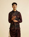 alt message - Manyavar Men Black Fern Motifs in Fish Scale Pattern Nehru Jacket image number 0