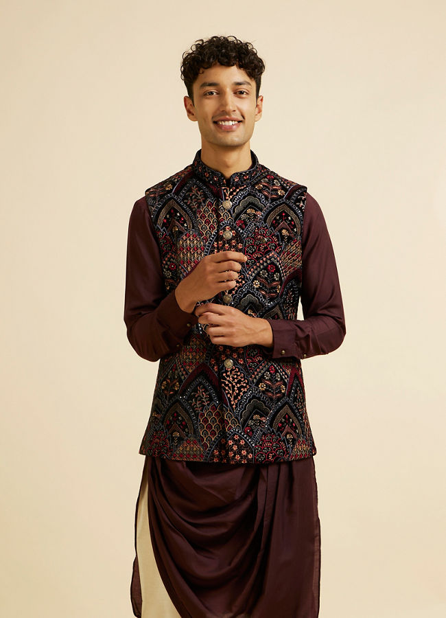 alt message - Manyavar Men Black Fern Motifs in Fish Scale Pattern Nehru Jacket image number 0