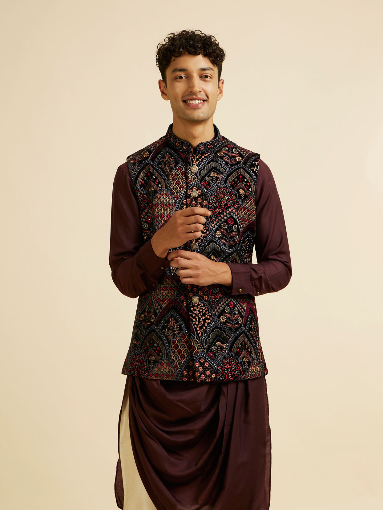 alt message - Manyavar Men Black Fern Motifs in Fish Scale Pattern Nehru Jacket image number 0