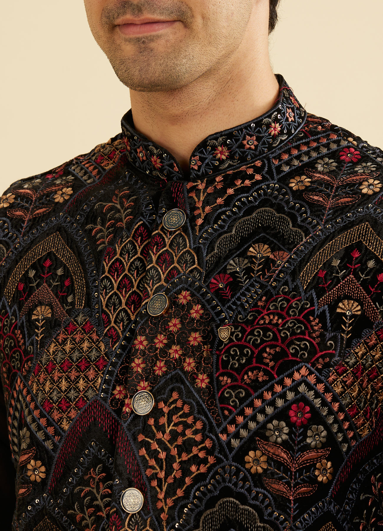 Manyavar Men Black Fern Motifs in Fish Scale Pattern Nehru Jacket