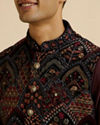 alt message - Manyavar Men Black Fern Motifs in Fish Scale Pattern Nehru Jacket image number 1