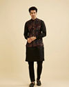 Manyavar Men Black Fern Motifs in Fish Scale Pattern Nehru Jacket