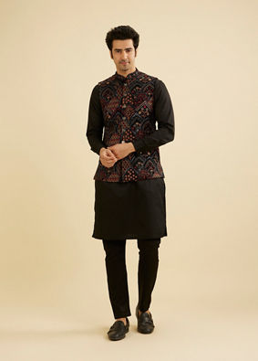 Manyavar Men Black Fern Motifs in Fish Scale Pattern Nehru Jacket image number 2