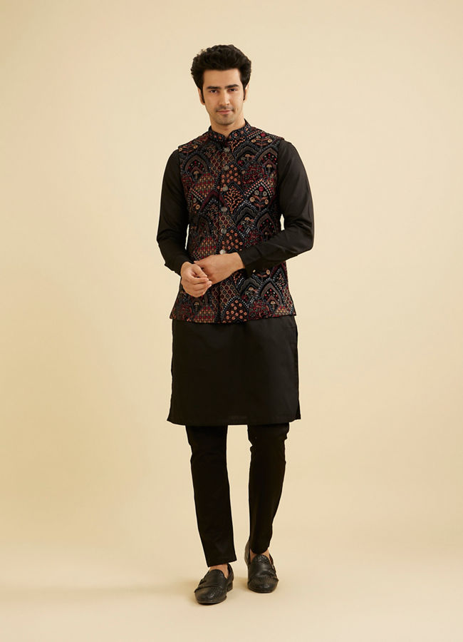 Manyavar Men Black Fern Motifs in Fish Scale Pattern Nehru Jacket