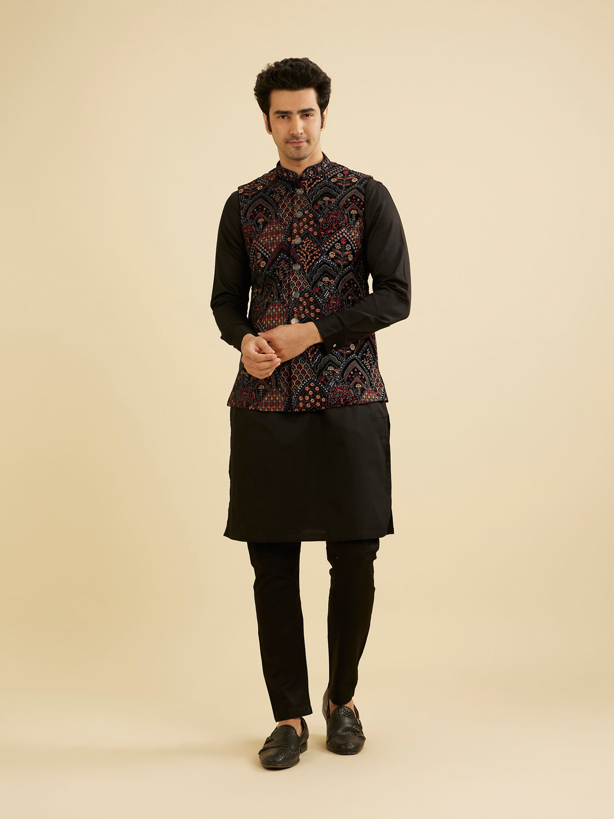Manyavar Men Black Fern Motifs in Fish Scale Pattern Nehru Jacket