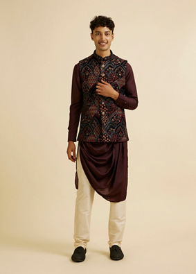 alt message - Manyavar Men Black Fern Motifs in Fish Scale Pattern Nehru Jacket image number 2