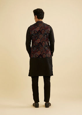 Manyavar Men Black Fern Motifs in Fish Scale Pattern Nehru Jacket image number 3