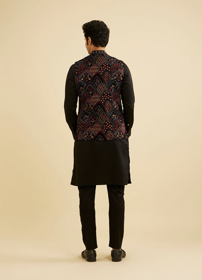 Manyavar Men Black Fern Motifs in Fish Scale Pattern Nehru Jacket image number 3