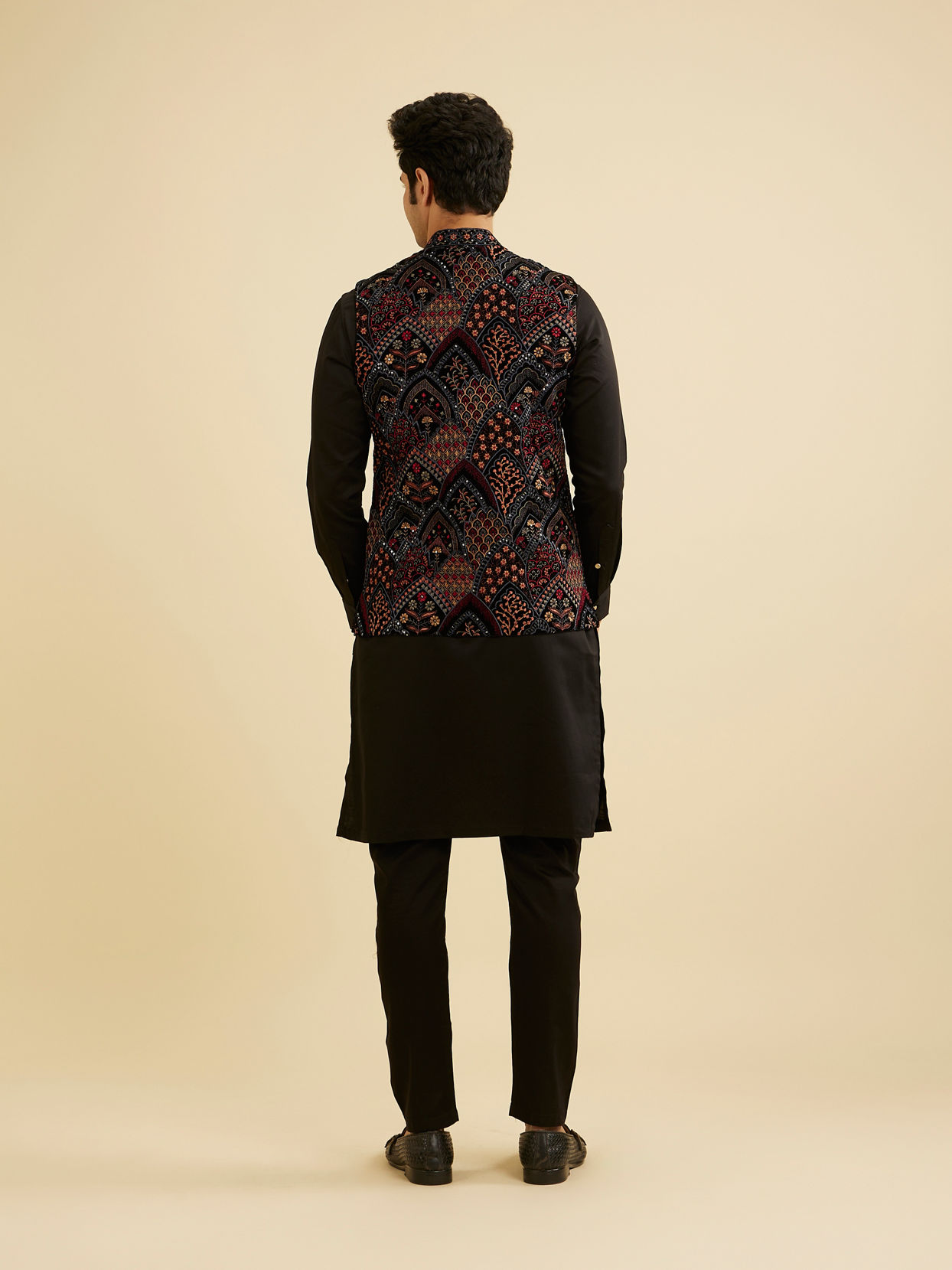 Manyavar Men Black Fern Motifs in Fish Scale Pattern Nehru Jacket