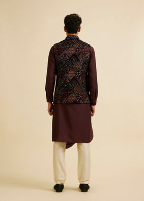 alt message - Manyavar Men Black Fern Motifs in Fish Scale Pattern Nehru Jacket image number 3