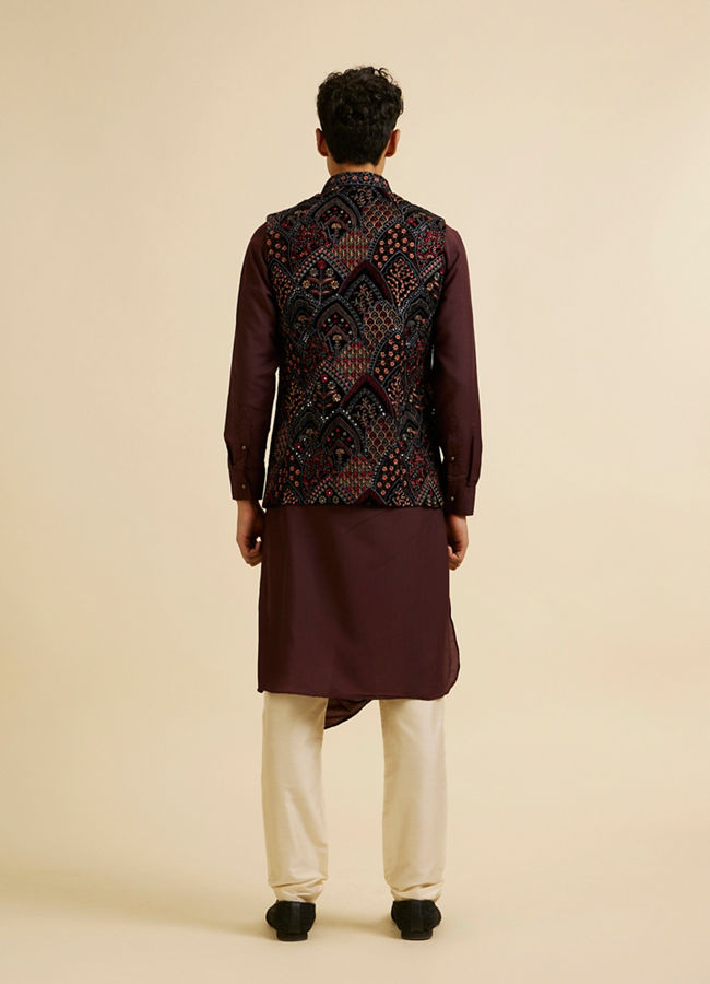 alt message - Manyavar Men Black Fern Motifs in Fish Scale Pattern Nehru Jacket image number 3