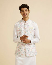 Manyavar Men Warm White Bel Buti Print Nehru Jacket