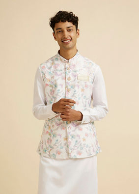 alt message - Manyavar Men Warm White Bel Buti Print Nehru Jacket