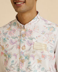 Manyavar Men Warm White Bel Buti Print Nehru Jacket