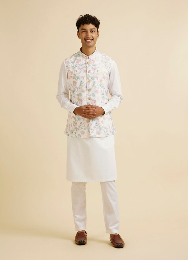 Manyavar Men Warm White Bel Buti Print Nehru Jacket