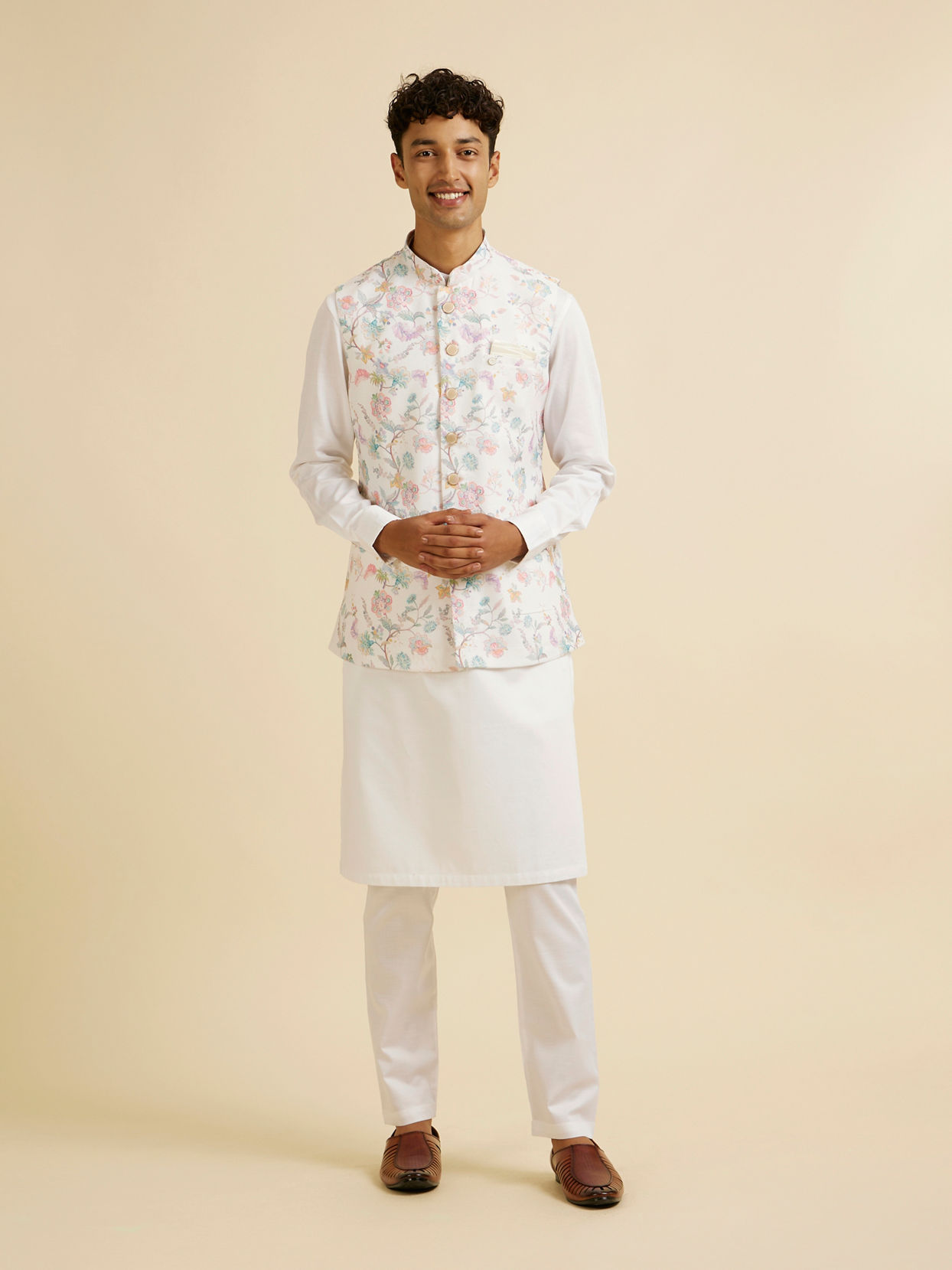 Manyavar Men Warm White Bel Buti Print Nehru Jacket