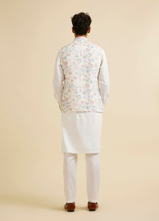 Manyavar Men Warm White Bel Buti Print Nehru Jacket