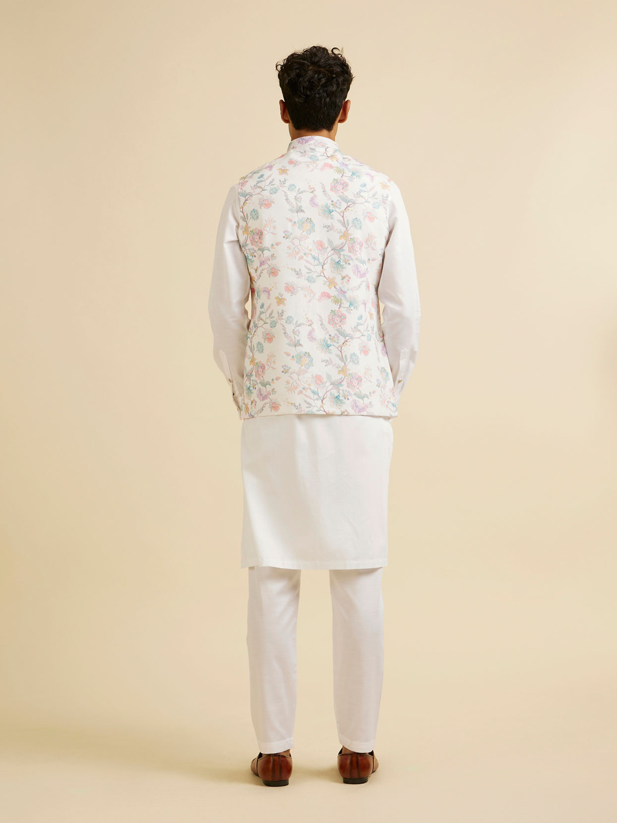 Manyavar Men Warm White Bel Buti Print Nehru Jacket