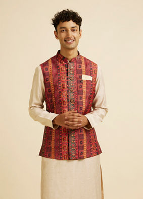 alt message - Manyavar Men Rust Aztec Inspired Print Nehru Jacket image number 0