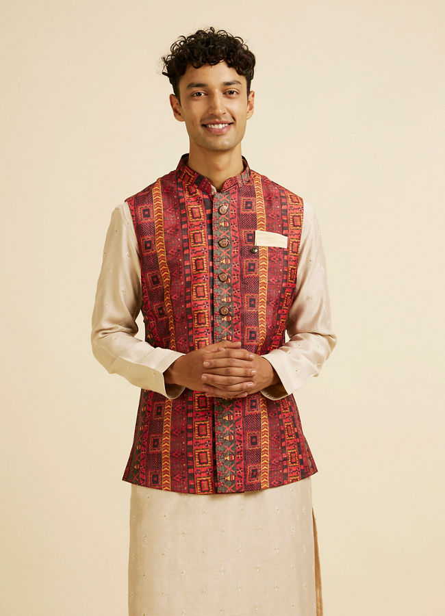 alt message - Manyavar Men Rust Aztec Inspired Print Nehru Jacket image number 0