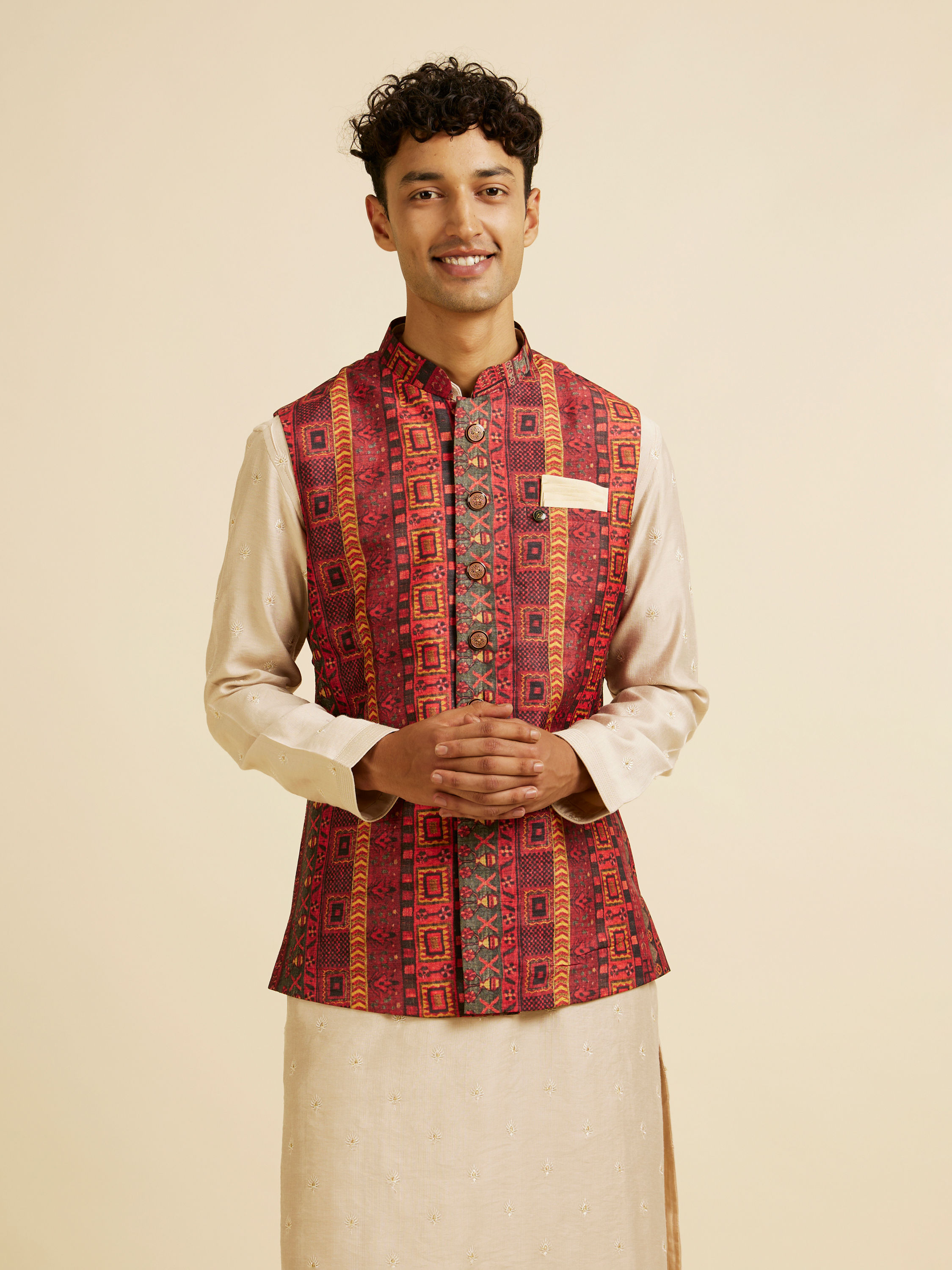 Manyavar Men Rust Aztec Inspired Print Nehru Jacket