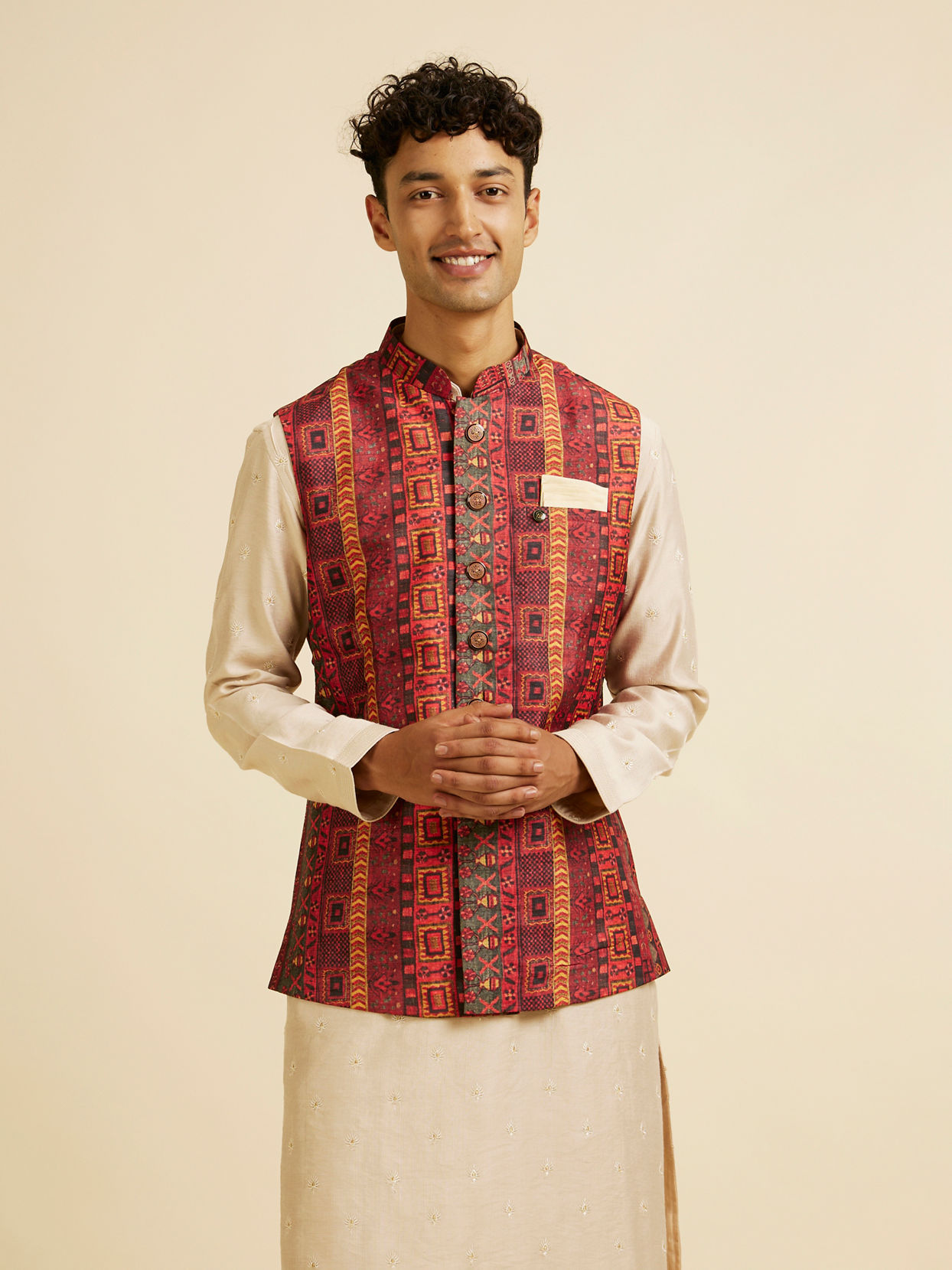 alt message - Manyavar Men Rust Aztec Inspired Print Nehru Jacket image number 0