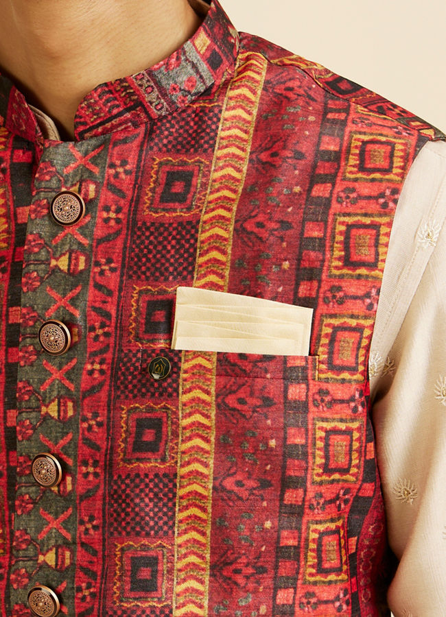 alt message - Manyavar Men Rust Aztec Inspired Print Nehru Jacket image number 1