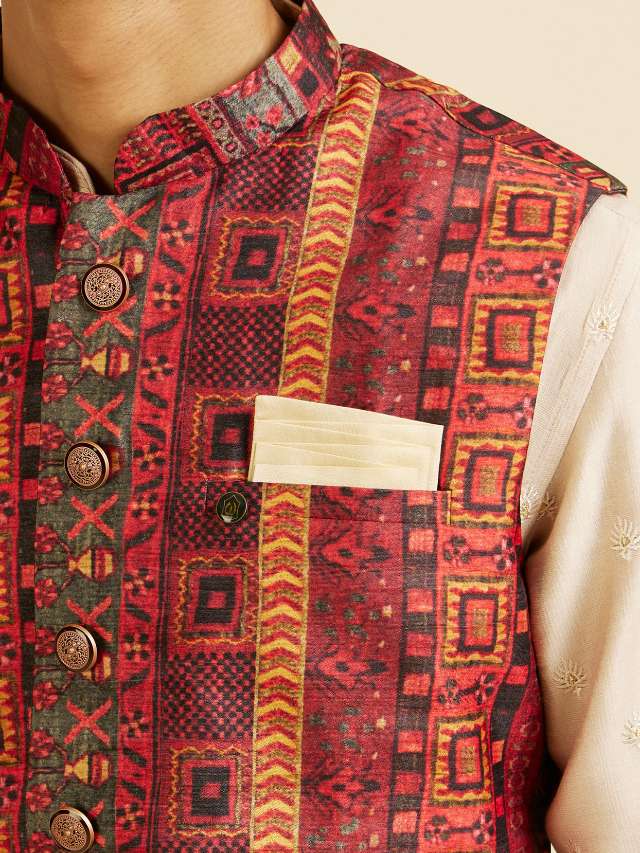 alt message - Manyavar Men Rust Aztec Inspired Print Nehru Jacket image number 1