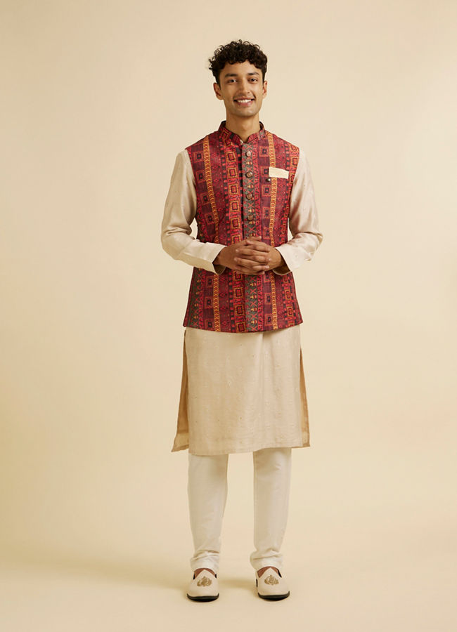 alt message - Manyavar Men Rust Aztec Inspired Print Nehru Jacket image number 2