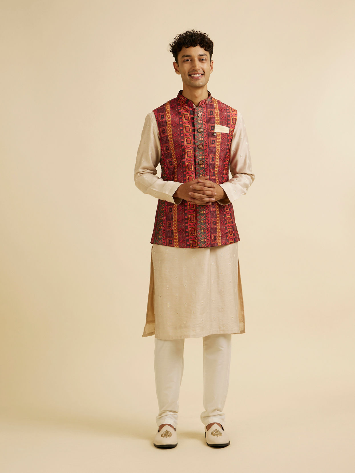 alt message - Manyavar Men Rust Aztec Inspired Print Nehru Jacket image number 2