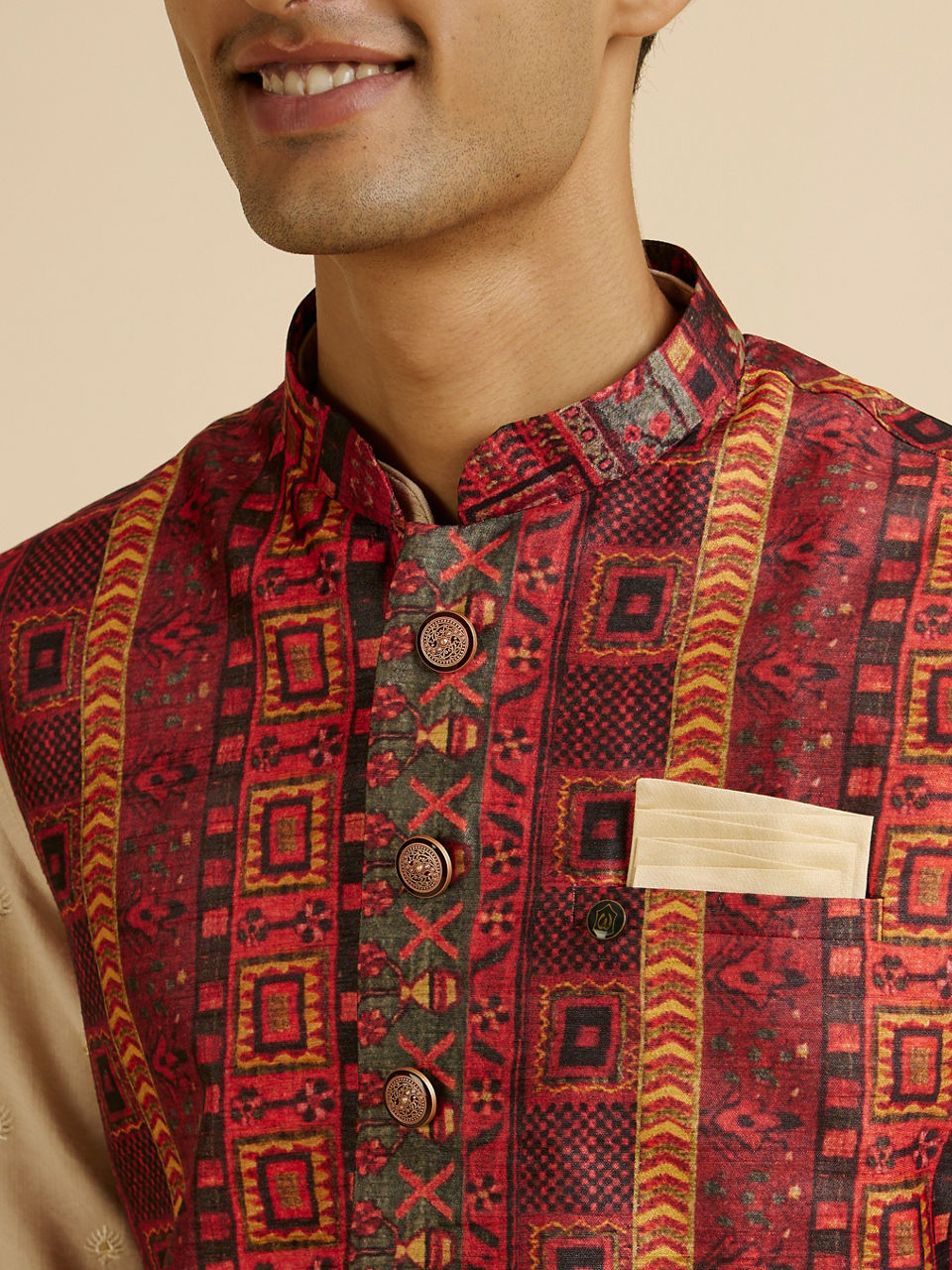 Manyavar Men Rust Aztec Inspired Print Nehru Jacket
