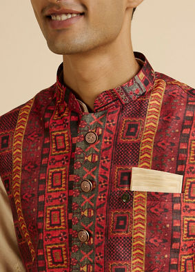 alt message - Manyavar Men Rust Aztec Inspired Print Nehru Jacket image number 3