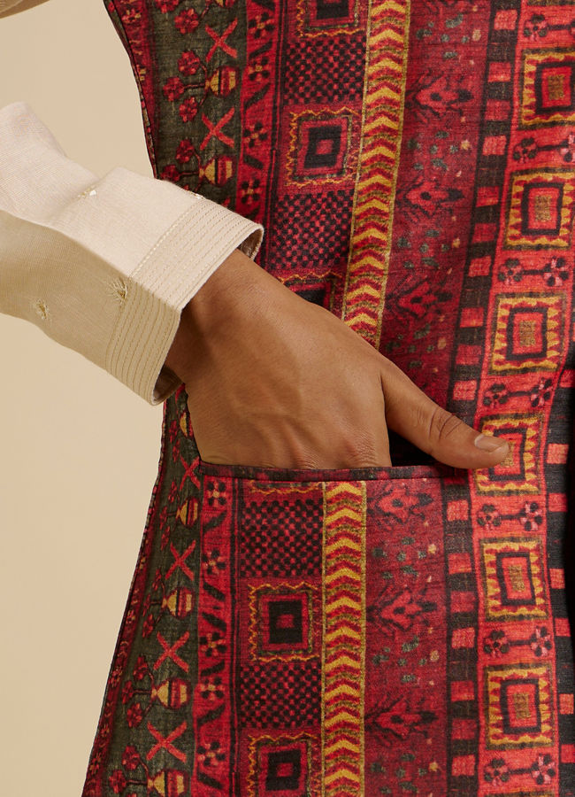 Manyavar Men Rust Aztec Inspired Print Nehru Jacket