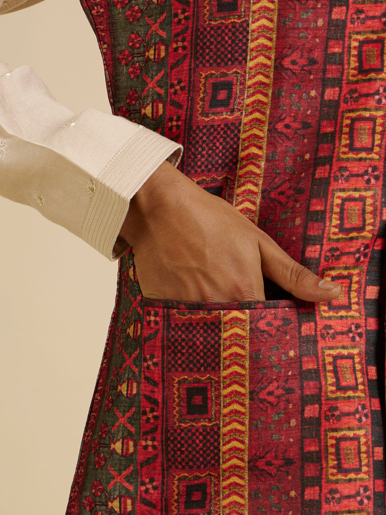 Manyavar Men Rust Aztec Inspired Print Nehru Jacket