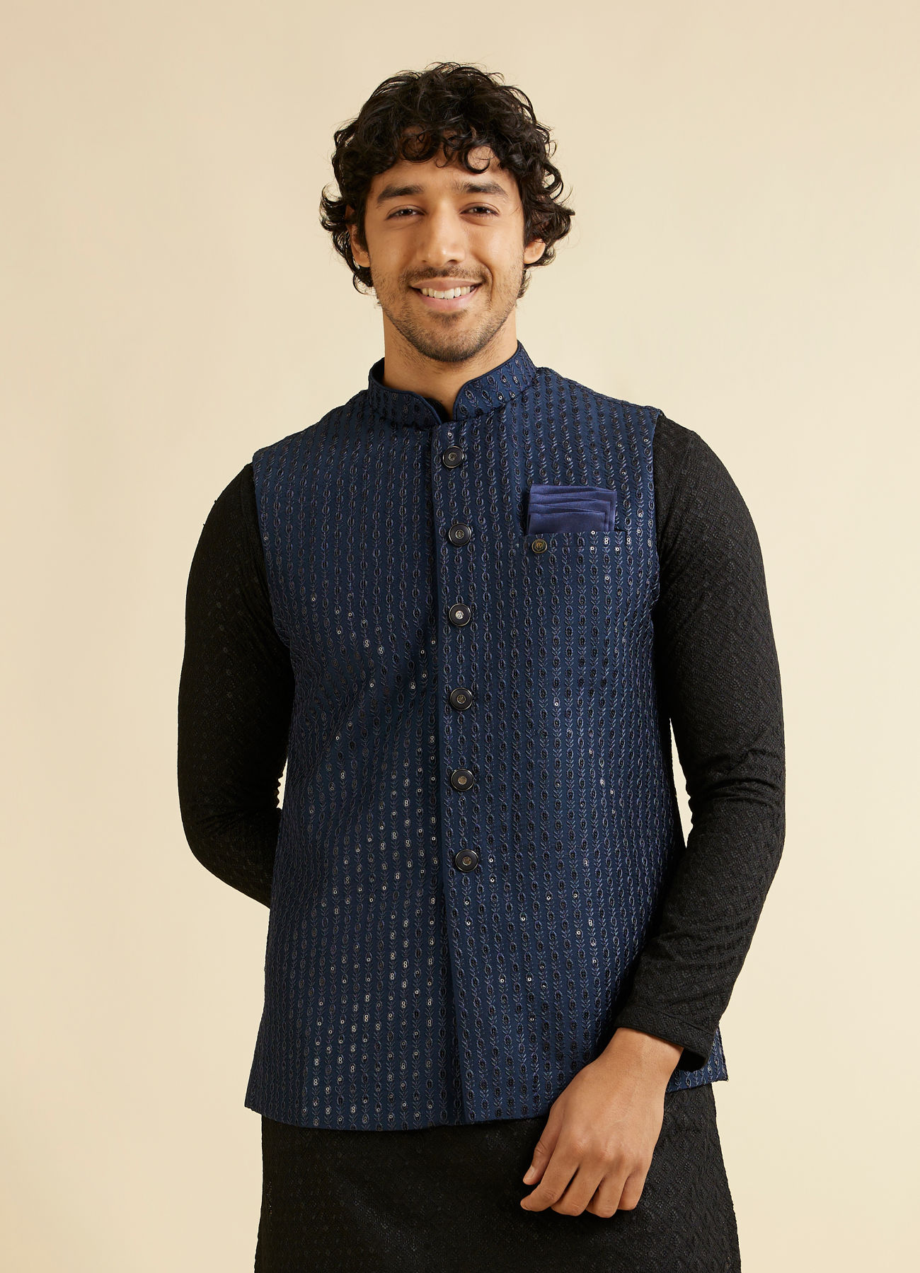 Manyavar Men Dark Blue Mirror Embellished Nehru Jacket