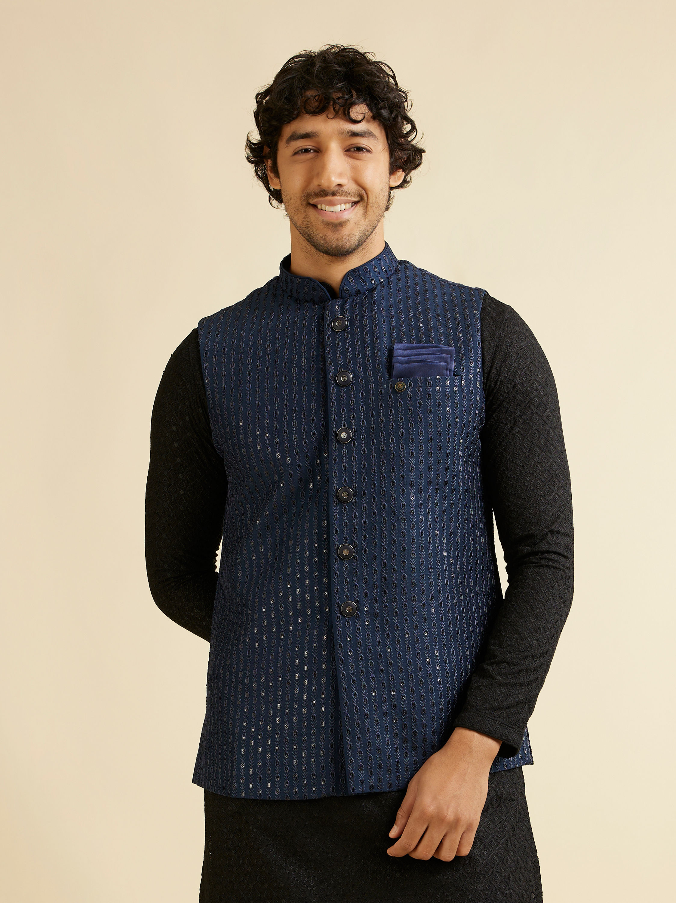 Manyavar Men Dark Blue Mirror Embellished Nehru Jacket