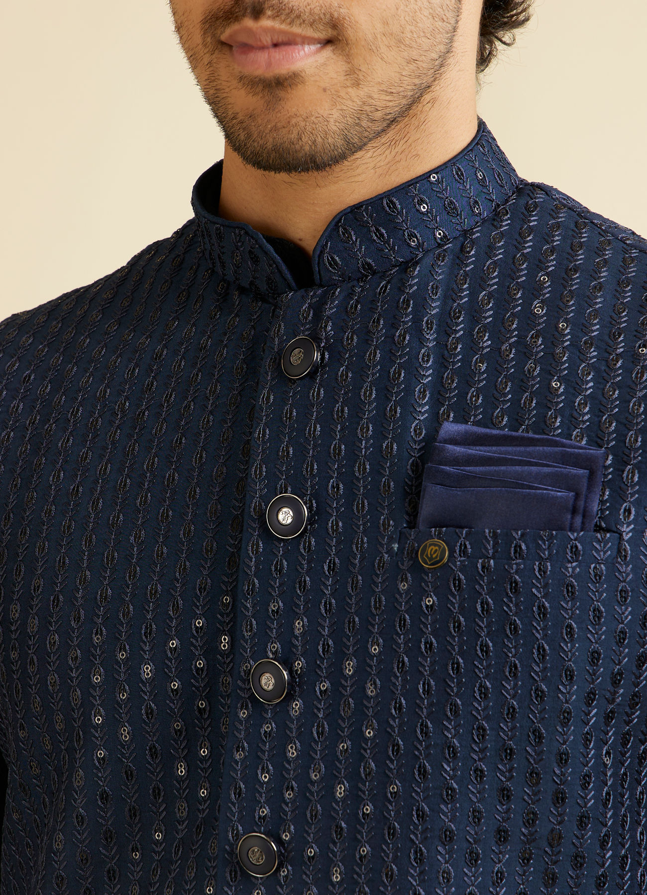 Manyavar Men Dark Blue Mirror Embellished Nehru Jacket