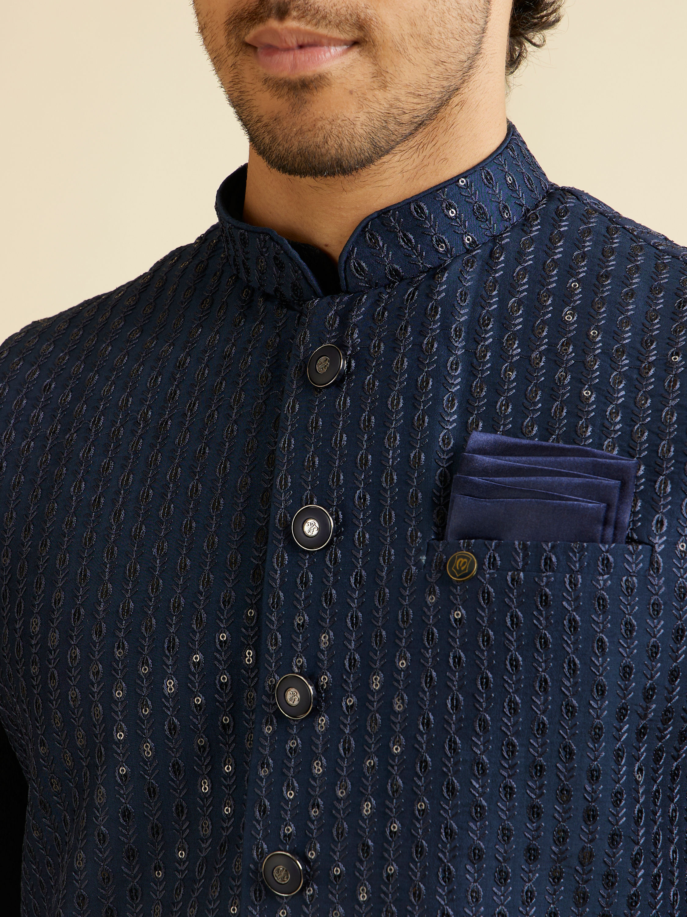 Manyavar Men Dark Blue Mirror Embellished Nehru Jacket