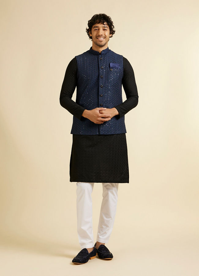 Manyavar Men Dark Blue Mirror Embellished Nehru Jacket