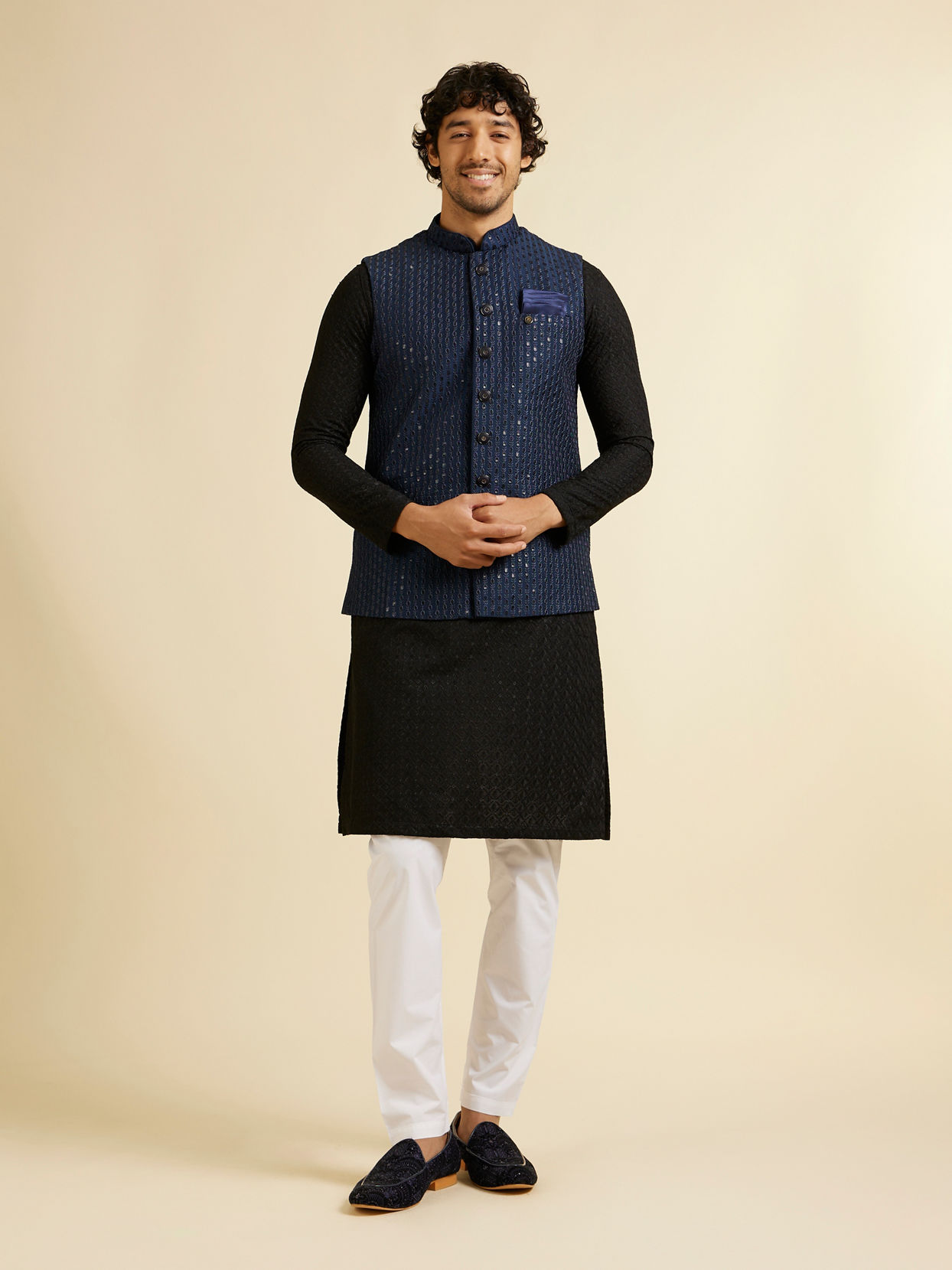 Manyavar Men Dark Blue Mirror Embellished Nehru Jacket