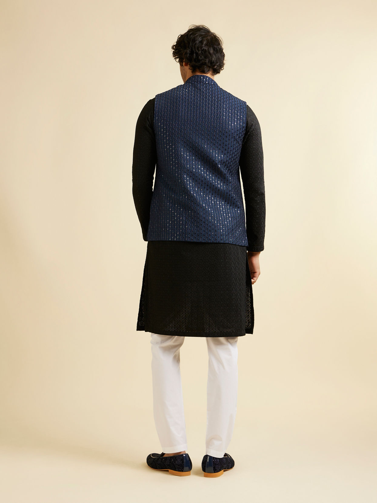 Manyavar Men Dark Blue Mirror Embellished Nehru Jacket
