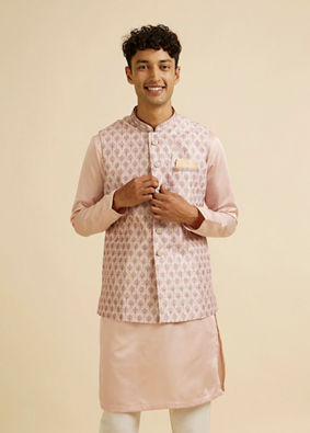 alt message - Manyavar Men Peach Buta Jaal Print Nehru Jacket