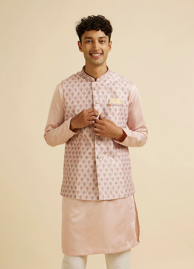 alt message - Manyavar Men Peach Buta Jaal Print Nehru Jacket image number 0