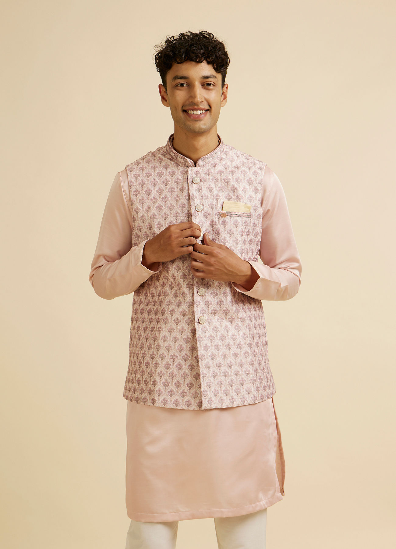 Manyavar Men Peach Buta Jaal Print Nehru Jacket