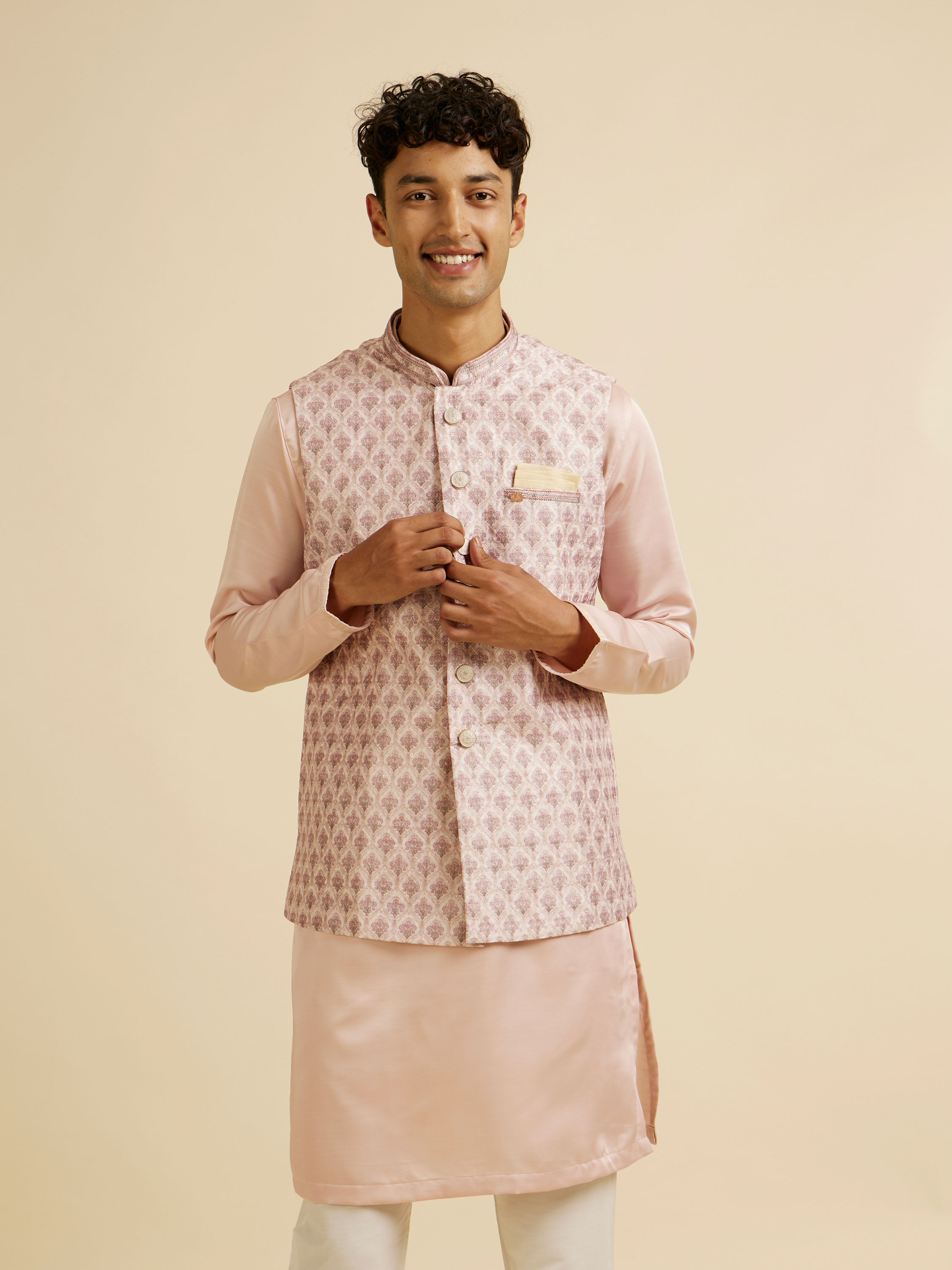 Manyavar Men Peach Buta Jaal Print Nehru Jacket